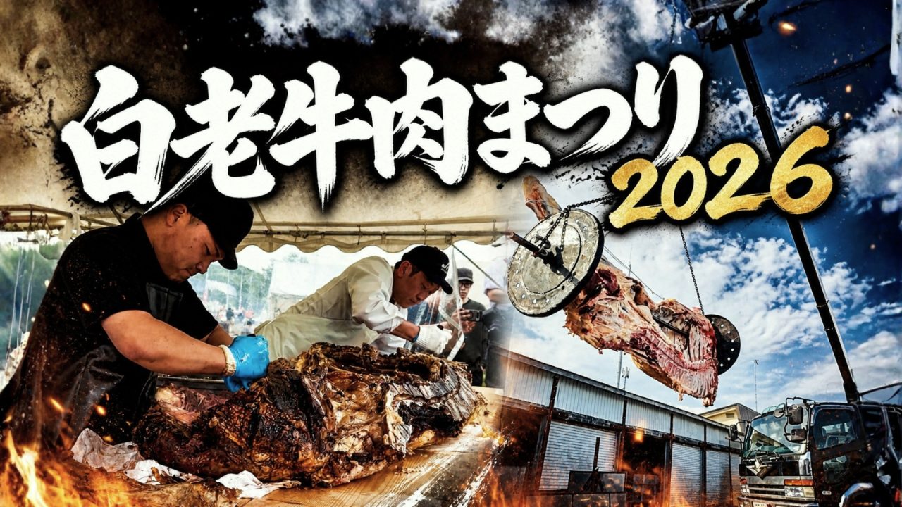 巨大な黒毛和牛の丸焼きが吊るされる白老牛肉まつり2026の迫力ある会場風景